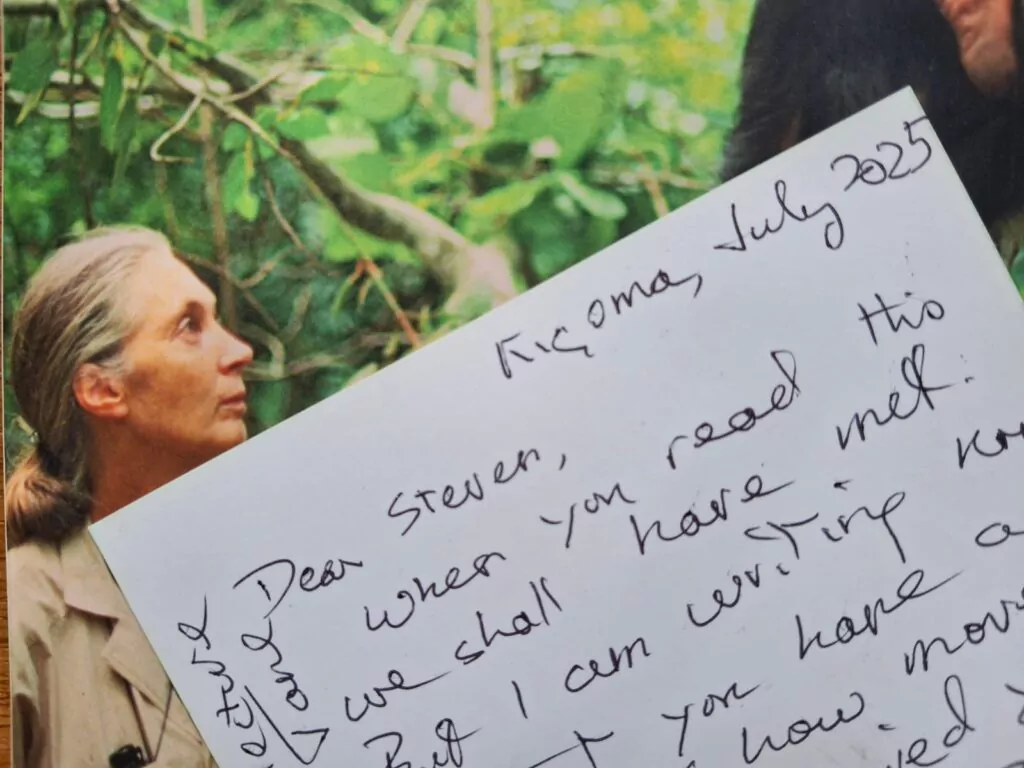 Brief van Jane Goodall gericht naar Steven Andries.